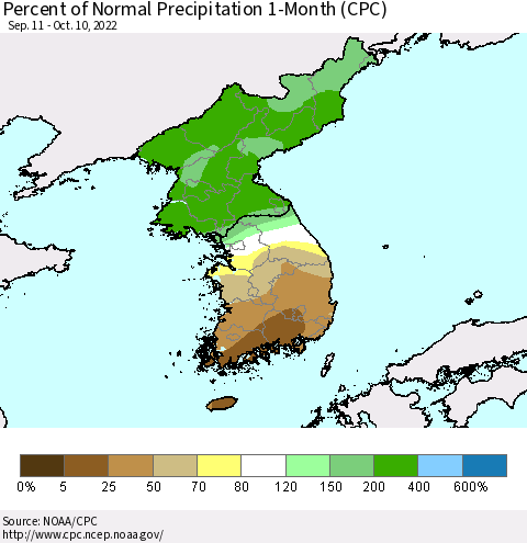 Korea Percent of Normal Precipitation 1-Month (CPC) Thematic Map For 9/11/2022 - 10/10/2022