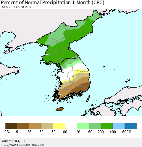 Korea Percent of Normal Precipitation 1-Month (CPC) Thematic Map For 9/21/2022 - 10/20/2022