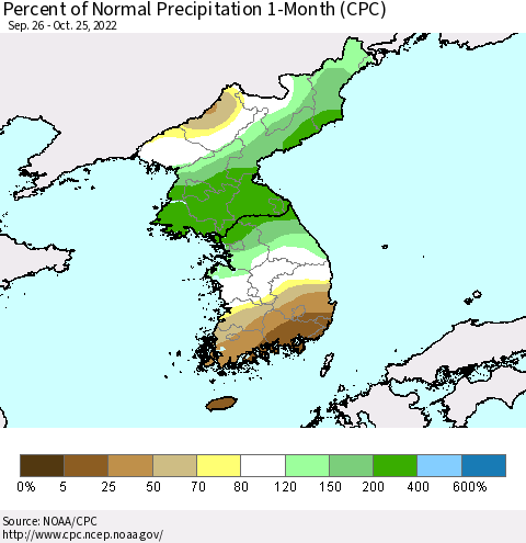 Korea Percent of Normal Precipitation 1-Month (CPC) Thematic Map For 9/26/2022 - 10/25/2022
