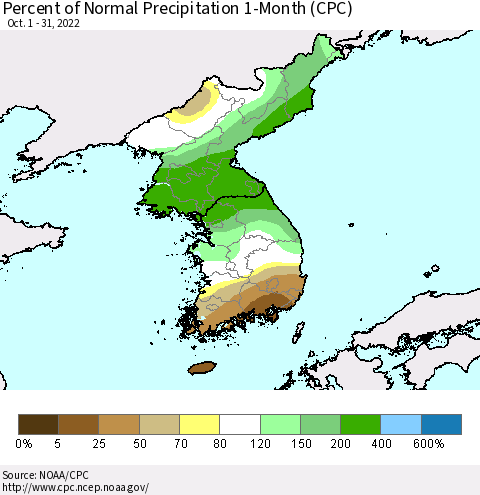 Korea Percent of Normal Precipitation 1-Month (CPC) Thematic Map For 10/1/2022 - 10/31/2022