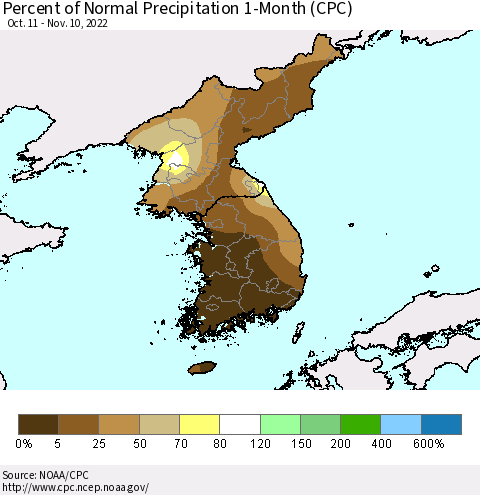 Korea Percent of Normal Precipitation 1-Month (CPC) Thematic Map For 10/11/2022 - 11/10/2022