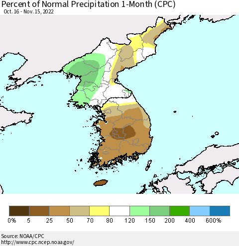 Korea Percent of Normal Precipitation 1-Month (CPC) Thematic Map For 10/16/2022 - 11/15/2022