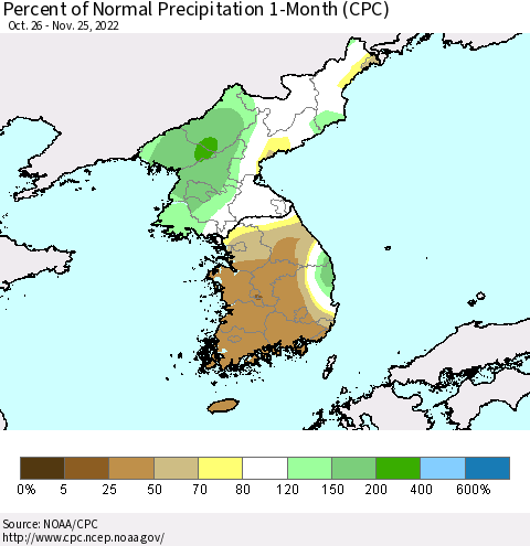 Korea Percent of Normal Precipitation 1-Month (CPC) Thematic Map For 10/26/2022 - 11/25/2022