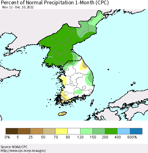 Korea Percent of Normal Precipitation 1-Month (CPC) Thematic Map For 11/11/2022 - 12/10/2022