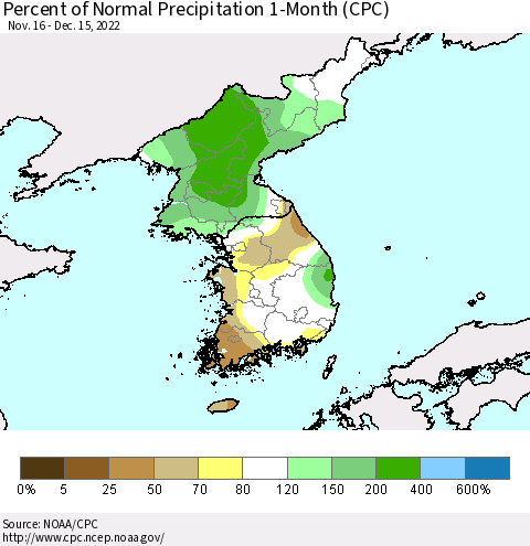 Korea Percent of Normal Precipitation 1-Month (CPC) Thematic Map For 11/16/2022 - 12/15/2022