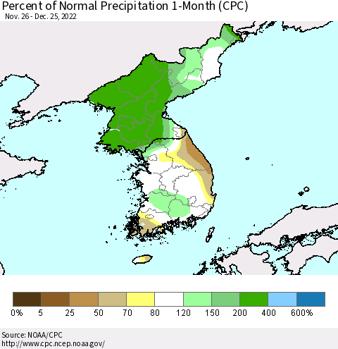 Korea Percent of Normal Precipitation 1-Month (CPC) Thematic Map For 11/26/2022 - 12/25/2022
