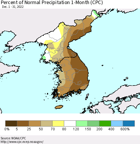 Korea Percent of Normal Precipitation 1-Month (CPC) Thematic Map For 12/1/2022 - 12/31/2022
