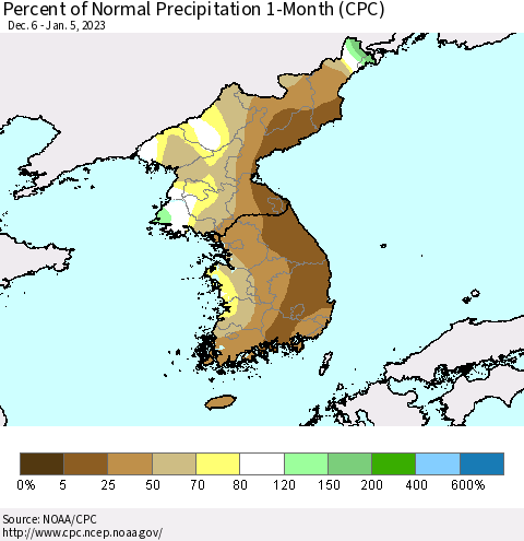 Korea Percent of Normal Precipitation 1-Month (CPC) Thematic Map For 12/6/2022 - 1/5/2023