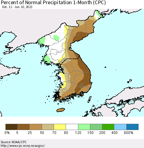 Korea Percent of Normal Precipitation 1-Month (CPC) Thematic Map For 12/11/2022 - 1/10/2023
