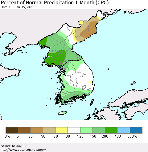 Korea Percent of Normal Precipitation 1-Month (CPC) Thematic Map For 12/16/2022 - 1/15/2023