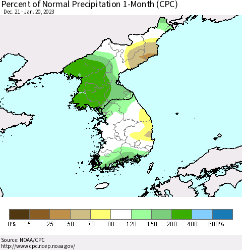 Korea Percent of Normal Precipitation 1-Month (CPC) Thematic Map For 12/21/2022 - 1/20/2023