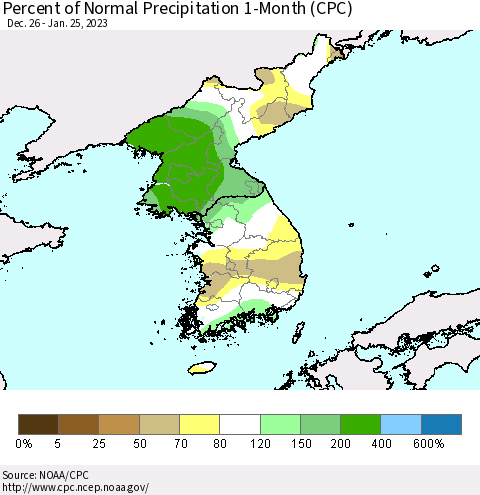 Korea Percent of Normal Precipitation 1-Month (CPC) Thematic Map For 12/26/2022 - 1/25/2023