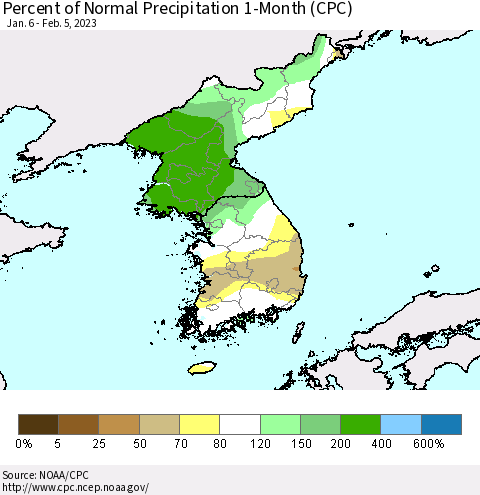 Korea Percent of Normal Precipitation 1-Month (CPC) Thematic Map For 1/6/2023 - 2/5/2023