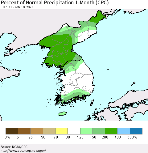 Korea Percent of Normal Precipitation 1-Month (CPC) Thematic Map For 1/11/2023 - 2/10/2023