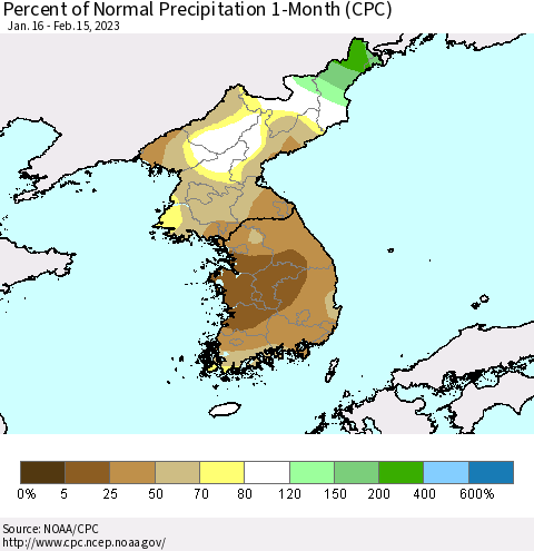 Korea Percent of Normal Precipitation 1-Month (CPC) Thematic Map For 1/16/2023 - 2/15/2023