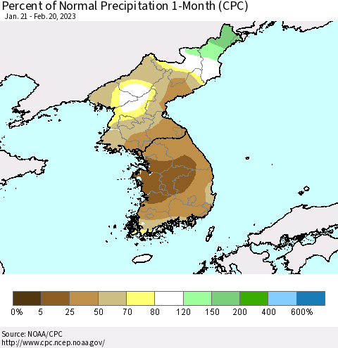 Korea Percent of Normal Precipitation 1-Month (CPC) Thematic Map For 1/21/2023 - 2/20/2023