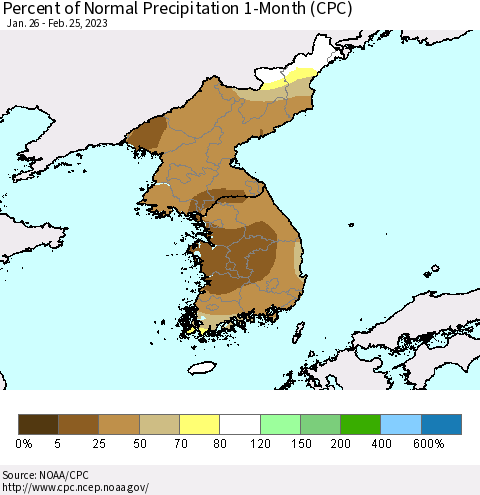 Korea Percent of Normal Precipitation 1-Month (CPC) Thematic Map For 1/26/2023 - 2/25/2023
