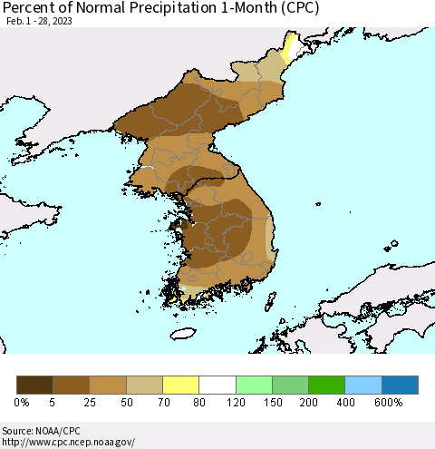 Korea Percent of Normal Precipitation 1-Month (CPC) Thematic Map For 2/1/2023 - 2/28/2023