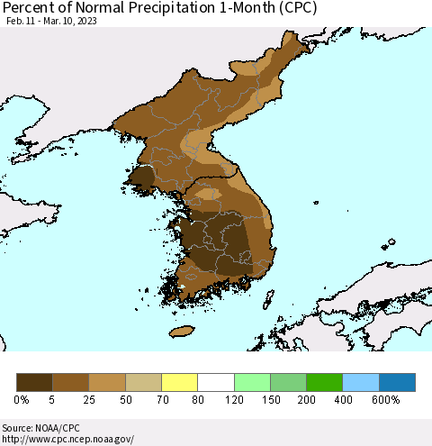 Korea Percent of Normal Precipitation 1-Month (CPC) Thematic Map For 2/11/2023 - 3/10/2023