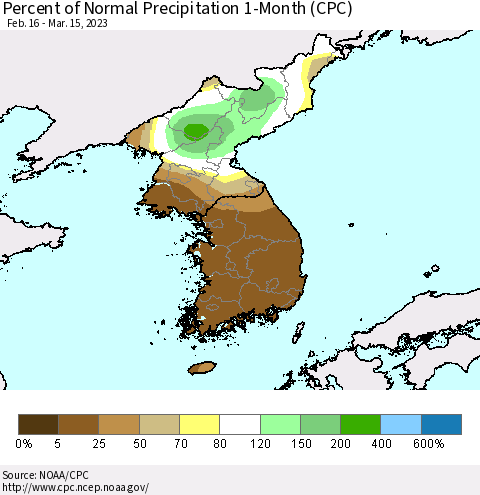 Korea Percent of Normal Precipitation 1-Month (CPC) Thematic Map For 2/16/2023 - 3/15/2023