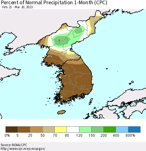 Korea Percent of Normal Precipitation 1-Month (CPC) Thematic Map For 2/21/2023 - 3/20/2023