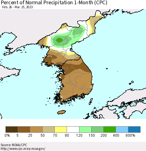Korea Percent of Normal Precipitation 1-Month (CPC) Thematic Map For 2/26/2023 - 3/25/2023