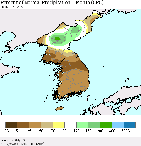 Korea Percent of Normal Precipitation 1-Month (CPC) Thematic Map For 3/1/2023 - 3/31/2023