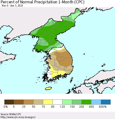 Korea Percent of Normal Precipitation 1-Month (CPC) Thematic Map For 3/6/2023 - 4/5/2023