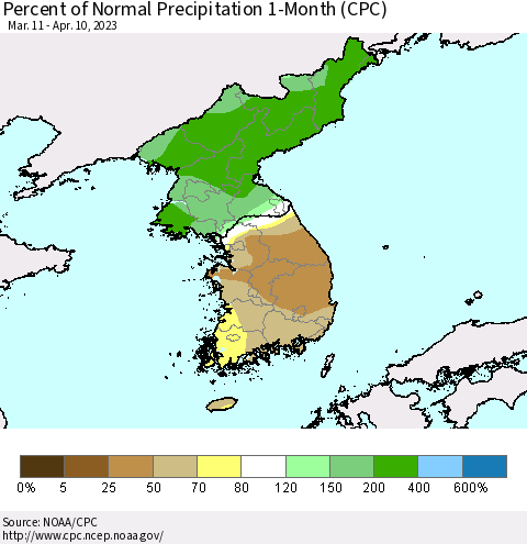 Korea Percent of Normal Precipitation 1-Month (CPC) Thematic Map For 3/11/2023 - 4/10/2023