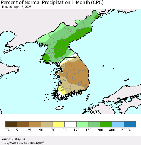 Korea Percent of Normal Precipitation 1-Month (CPC) Thematic Map For 3/16/2023 - 4/15/2023