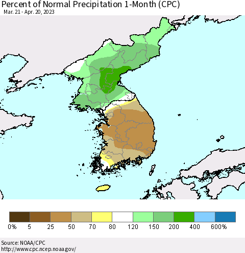 Korea Percent of Normal Precipitation 1-Month (CPC) Thematic Map For 3/21/2023 - 4/20/2023