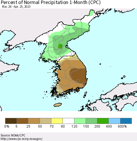 Korea Percent of Normal Precipitation 1-Month (CPC) Thematic Map For 3/26/2023 - 4/25/2023