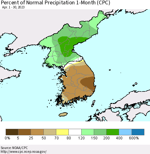 Korea Percent of Normal Precipitation 1-Month (CPC) Thematic Map For 4/1/2023 - 4/30/2023