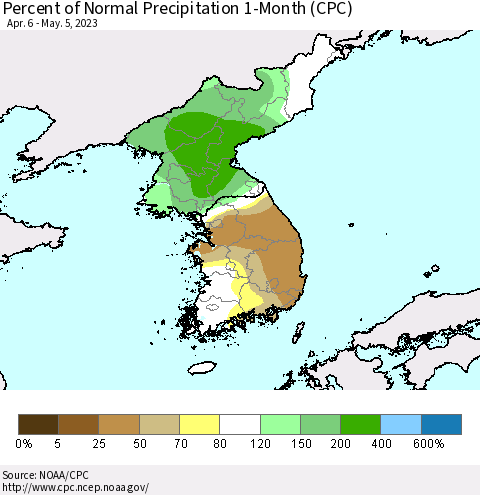 Korea Percent of Normal Precipitation 1-Month (CPC) Thematic Map For 4/6/2023 - 5/5/2023