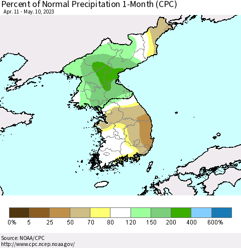 Korea Percent of Normal Precipitation 1-Month (CPC) Thematic Map For 4/11/2023 - 5/10/2023