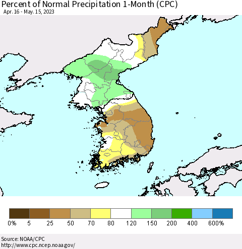 Korea Percent of Normal Precipitation 1-Month (CPC) Thematic Map For 4/16/2023 - 5/15/2023