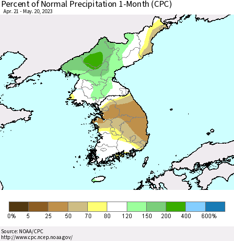Korea Percent of Normal Precipitation 1-Month (CPC) Thematic Map For 4/21/2023 - 5/20/2023