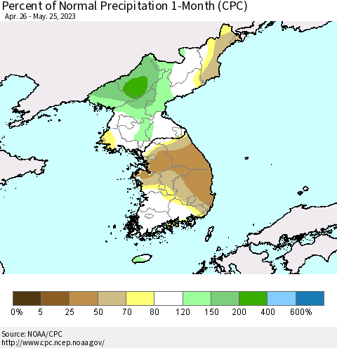 Korea Percent of Normal Precipitation 1-Month (CPC) Thematic Map For 4/26/2023 - 5/25/2023