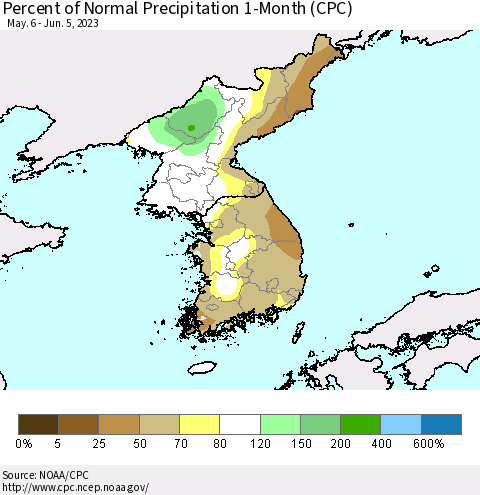 Korea Percent of Normal Precipitation 1-Month (CPC) Thematic Map For 5/6/2023 - 6/5/2023