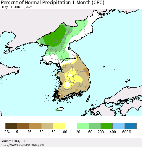 Korea Percent of Normal Precipitation 1-Month (CPC) Thematic Map For 5/11/2023 - 6/10/2023