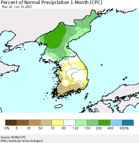 Korea Percent of Normal Precipitation 1-Month (CPC) Thematic Map For 5/16/2023 - 6/15/2023