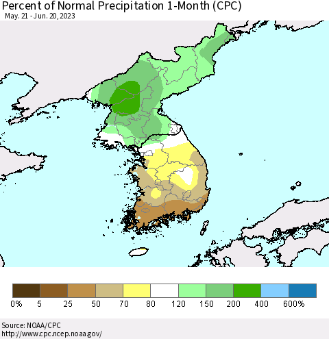Korea Percent of Normal Precipitation 1-Month (CPC) Thematic Map For 5/21/2023 - 6/20/2023