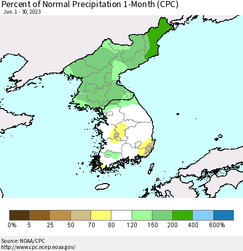 Korea Percent of Normal Precipitation 1-Month (CPC) Thematic Map For 6/1/2023 - 6/30/2023