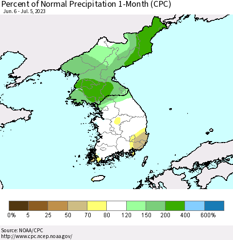 Korea Percent of Normal Precipitation 1-Month (CPC) Thematic Map For 6/6/2023 - 7/5/2023