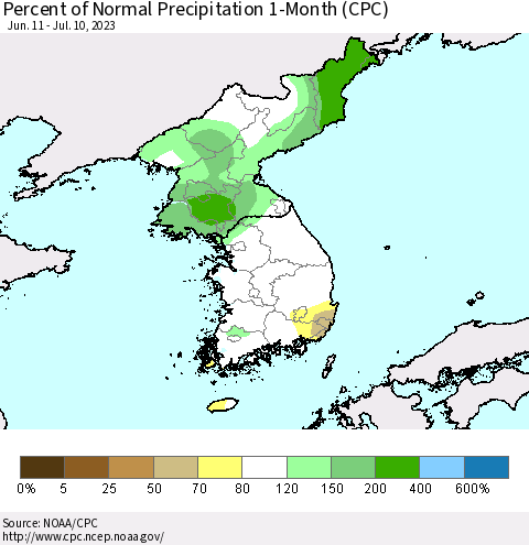 Korea Percent of Normal Precipitation 1-Month (CPC) Thematic Map For 6/11/2023 - 7/10/2023