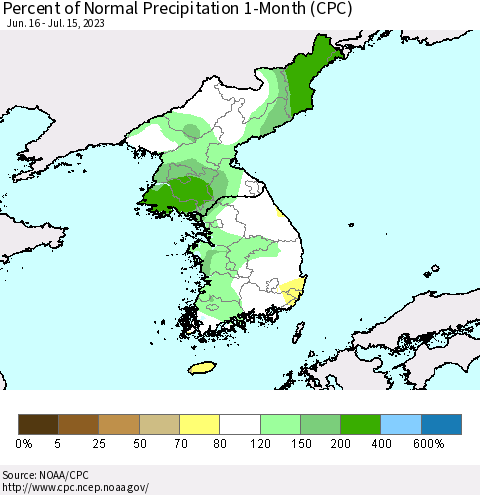 Korea Percent of Normal Precipitation 1-Month (CPC) Thematic Map For 6/16/2023 - 7/15/2023