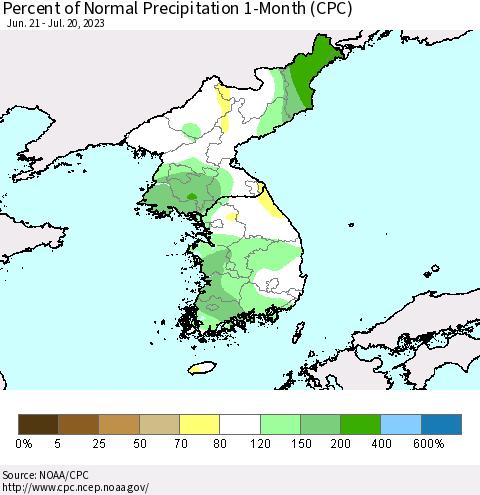 Korea Percent of Normal Precipitation 1-Month (CPC) Thematic Map For 6/21/2023 - 7/20/2023