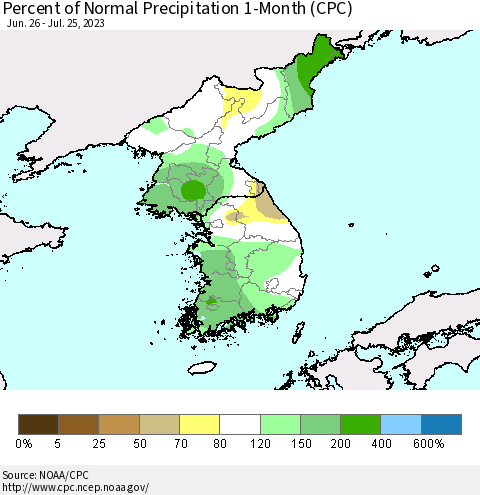 Korea Percent of Normal Precipitation 1-Month (CPC) Thematic Map For 6/26/2023 - 7/25/2023