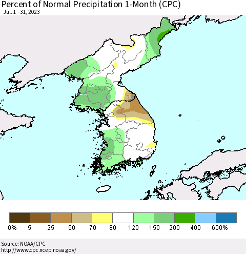 Korea Percent of Normal Precipitation 1-Month (CPC) Thematic Map For 7/1/2023 - 7/31/2023