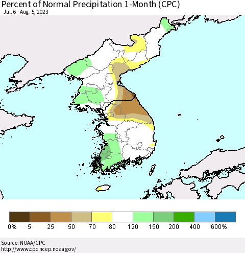 Korea Percent of Normal Precipitation 1-Month (CPC) Thematic Map For 7/6/2023 - 8/5/2023